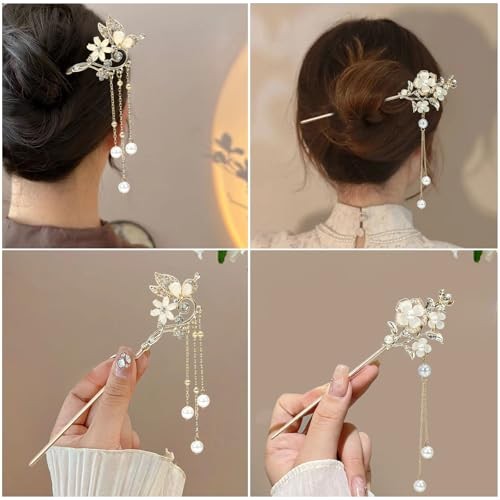 2Packs Lily of the Valley Chinese Hair Sticks for Buns, Pearl Flower beige