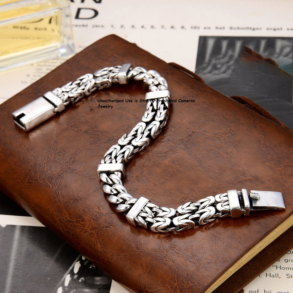 Pure S925 Sterling Silver Chain Men 11mm Curb Byzantine Link Bracelet 52g 8.26in