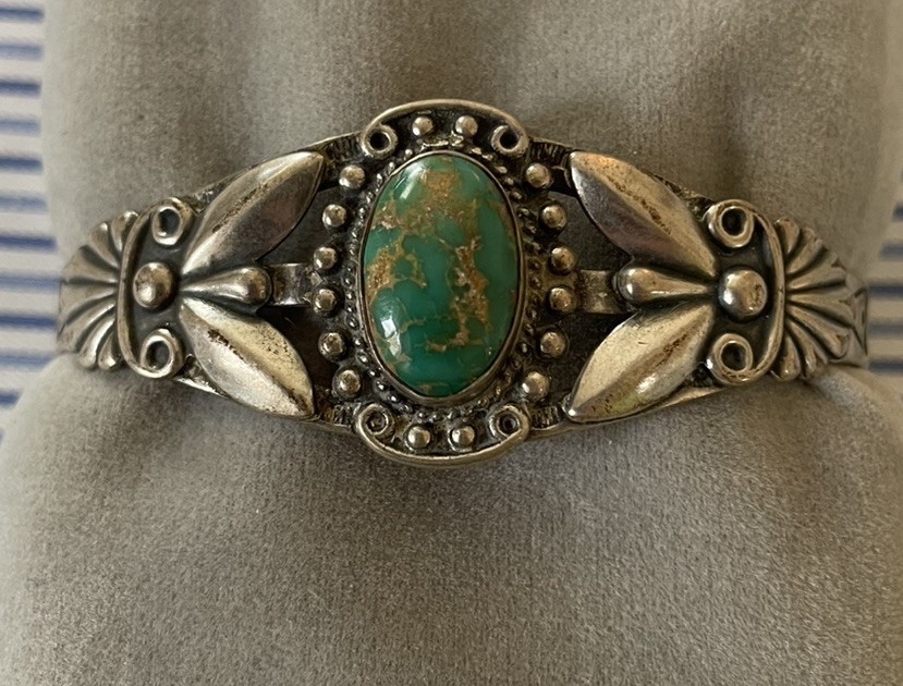 Fred Harvey Silver Turquoise Stamped Bracelet