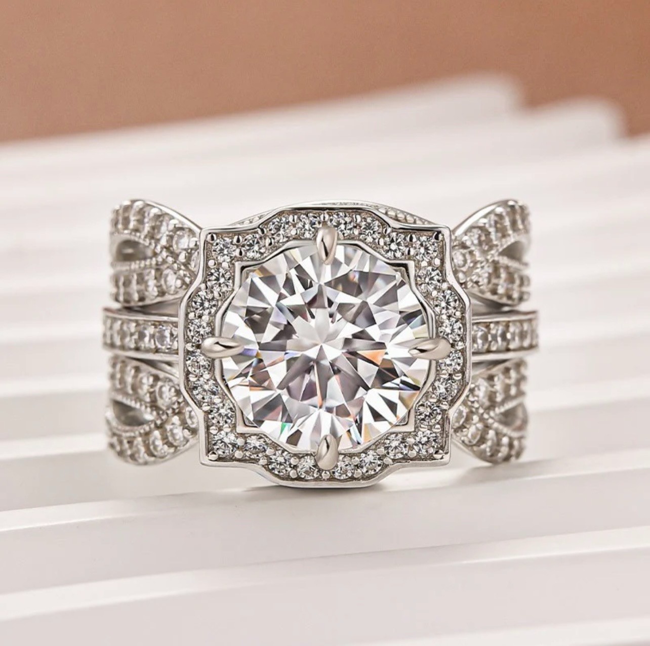 3.0Ct Halo Round Moissanite White Gold Engagement Ring & 1.65Ct Band Set Wedding
