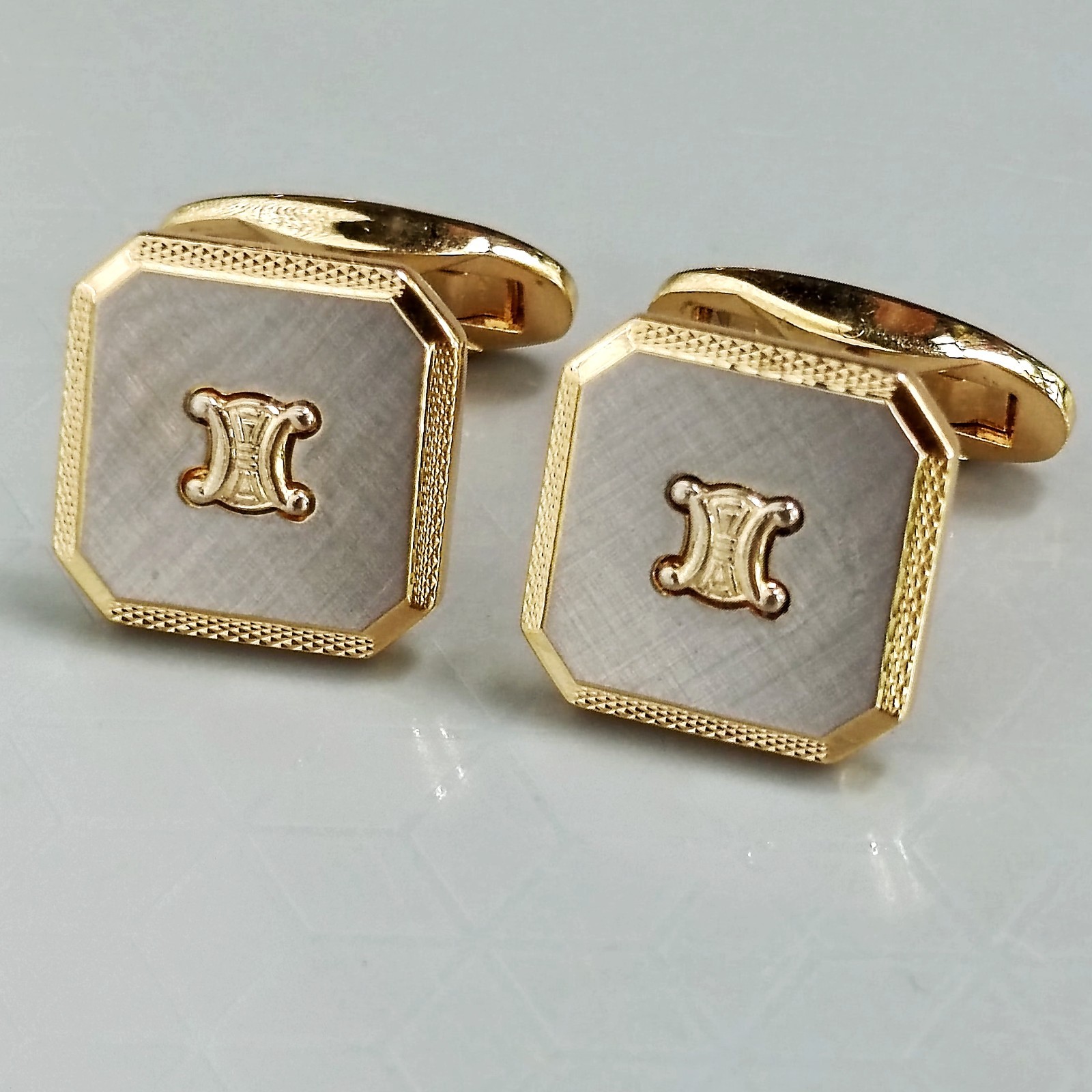 Celine Sterling Silver 925 Gold Plate With Logo Cufflinks , Weight 13.5 g.