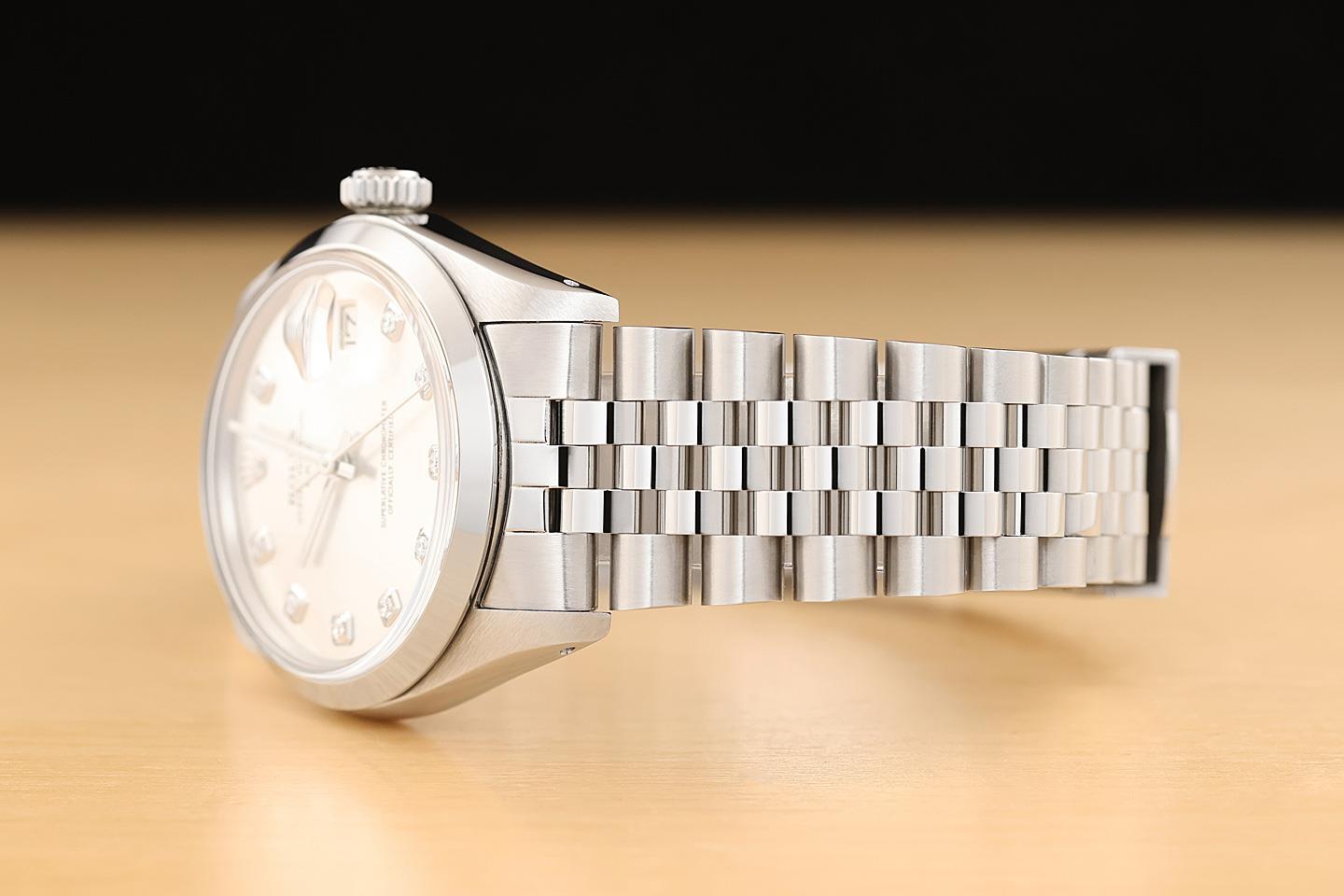ROLEX OYSTER PERPETUAL DATE 1500 SILVER DIAMOND DIAL STAINLESS STEEL 34MM WATCH