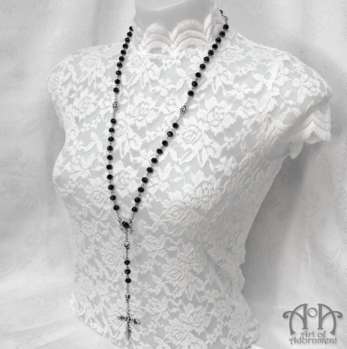 Gothic Punk Beaded BLACK CRYSTAL ROSARY NECKLACE Bat Skull Spider Cross Long
