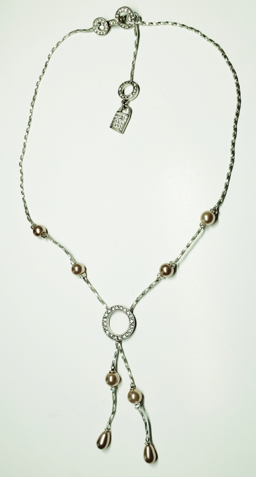 Ellen Tracy 18” Necklace Crystal Rhinestone Faux Pearl Drop Choker Silver Tone