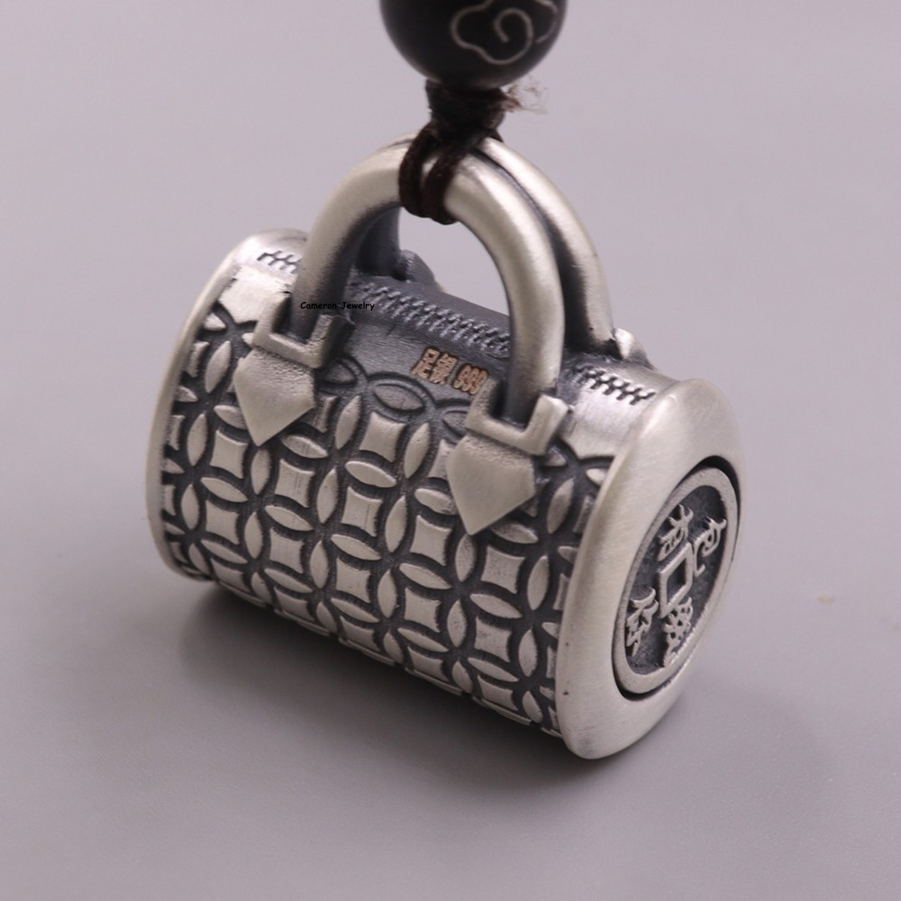 Solid S999 Fine Silver Embossed Coin Pattern Wealth Bag Charm Pendant 29-30g