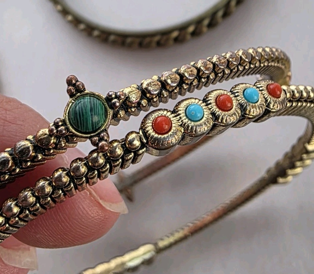 Graziano Italy Bangle Bracelet 2 Piece Set Statement Antiqued Gold With Stones