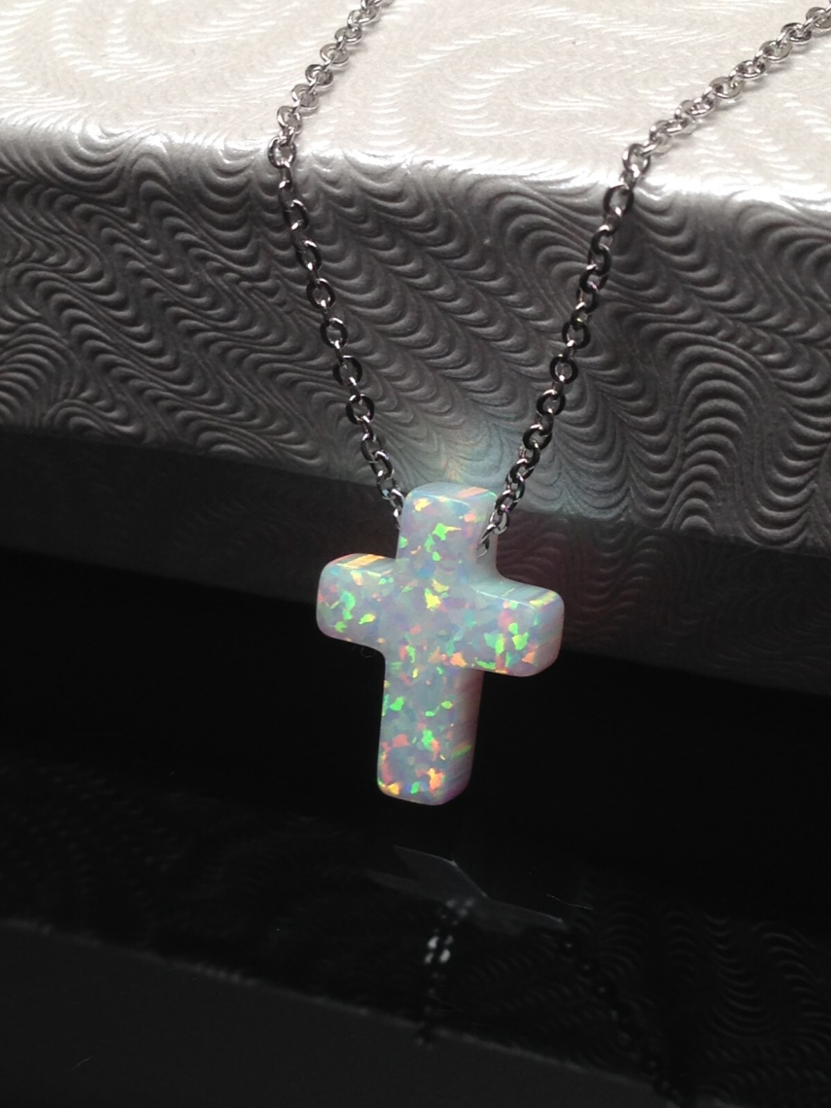 White Opal Cross Necklace 925 Sterling Silver Womens Girls 12mm 17.75″ Simulated