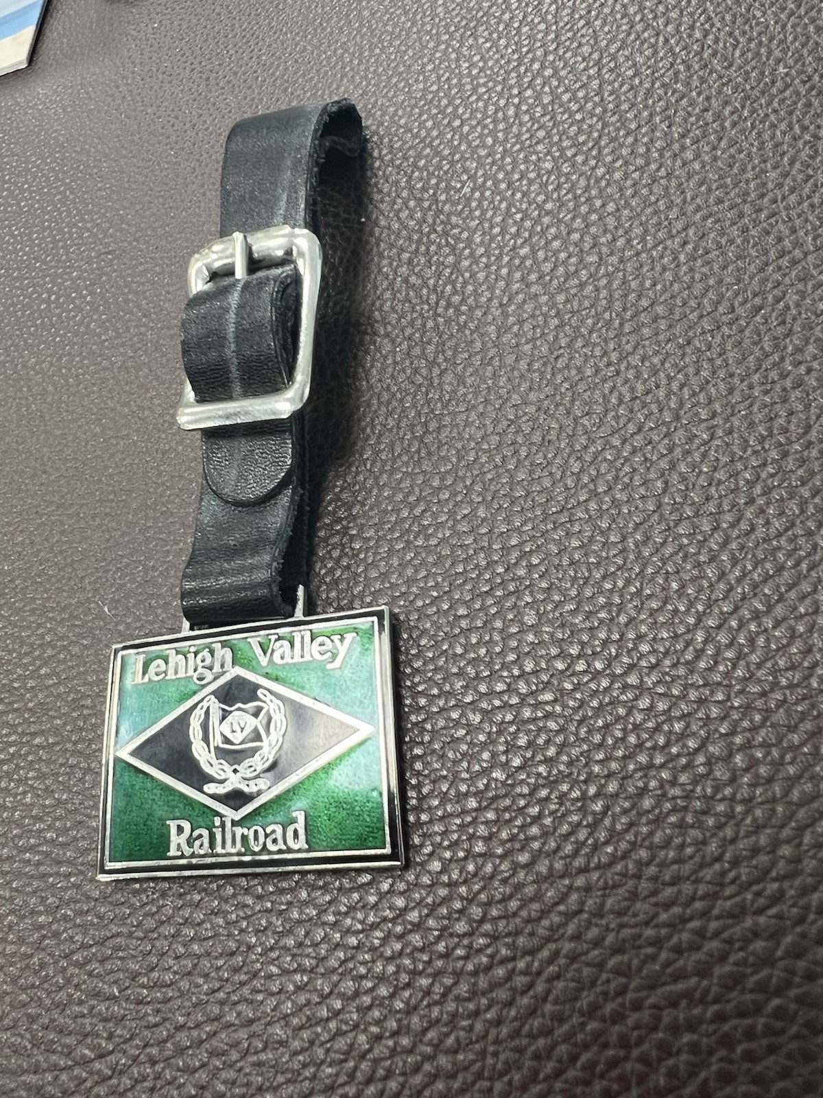 Lehigh Valley Railroad Metal Enamel Pocket Watch Fob, Green/Black, Leather Strap