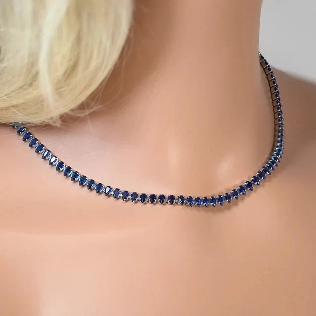 3MM Pear Cut Lab Created Blue Sapphire Tennis Necklace 14k White Gold Plated