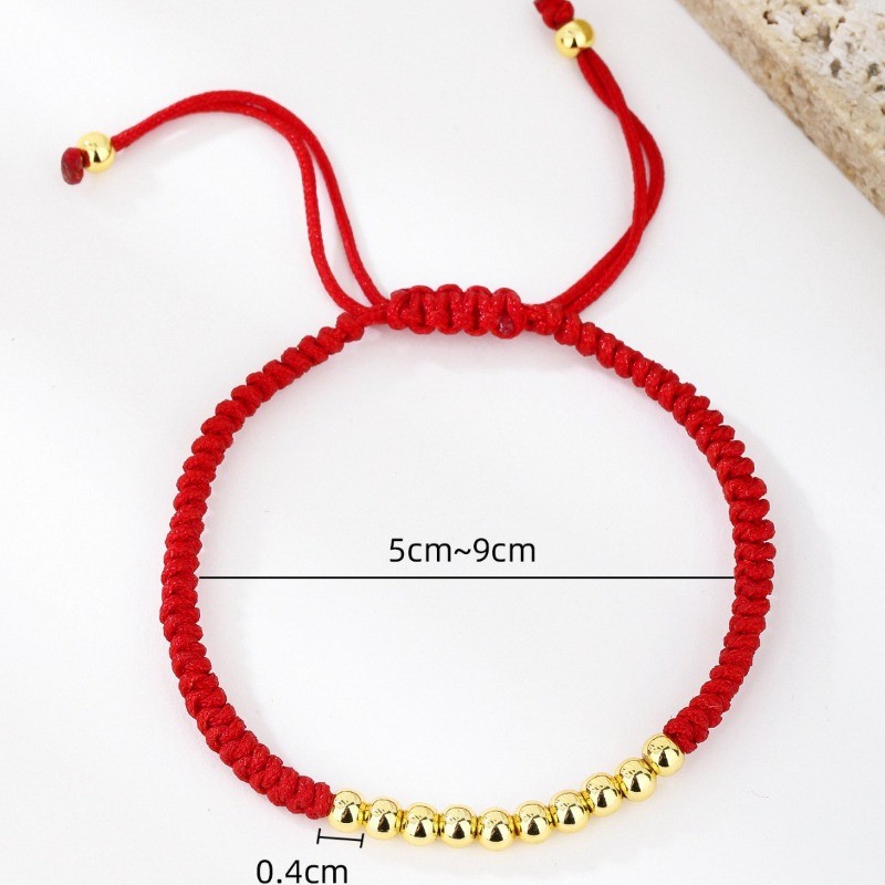 Lucky Golden Copper Round Bead Red Braided Rope Bracelet for Men and Women