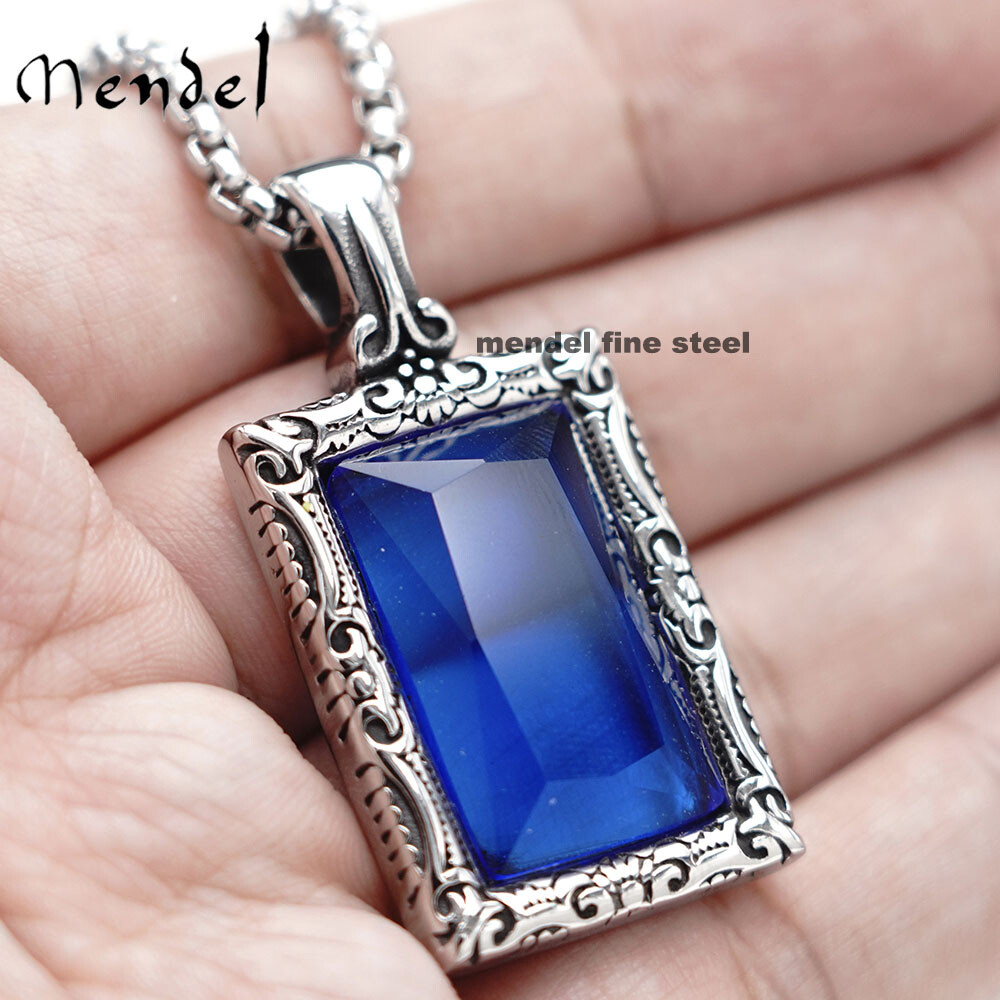 MENDEL Cool Mens Hip Hop Blue CZ Stone Pendant Necklace For Men Stainless Steel