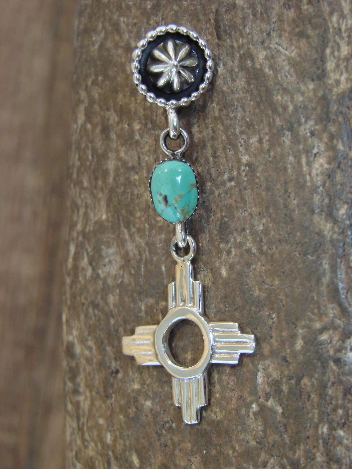 Native American Sterling Silver & Turquoise Zia Pendant by Lee