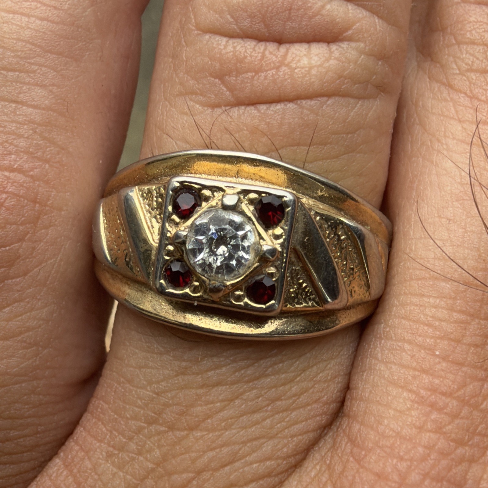 Vintage 14k GE Cubic Zirconia & Ruby Man’s Ring Size 12.75
