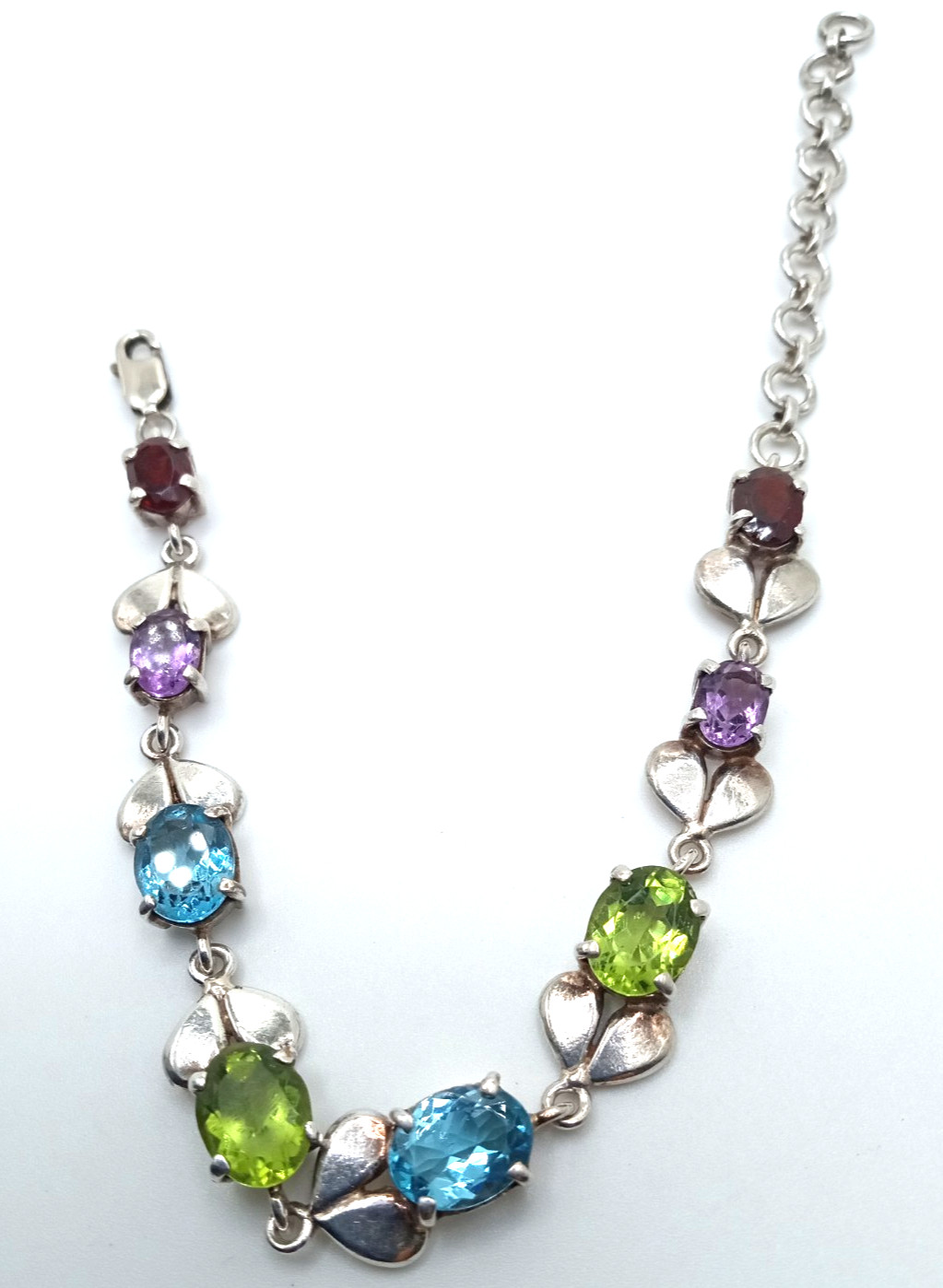 Vintage Sterling Silver Multi Gemstone 7 1/2 Inch Link Bracelet Lovely