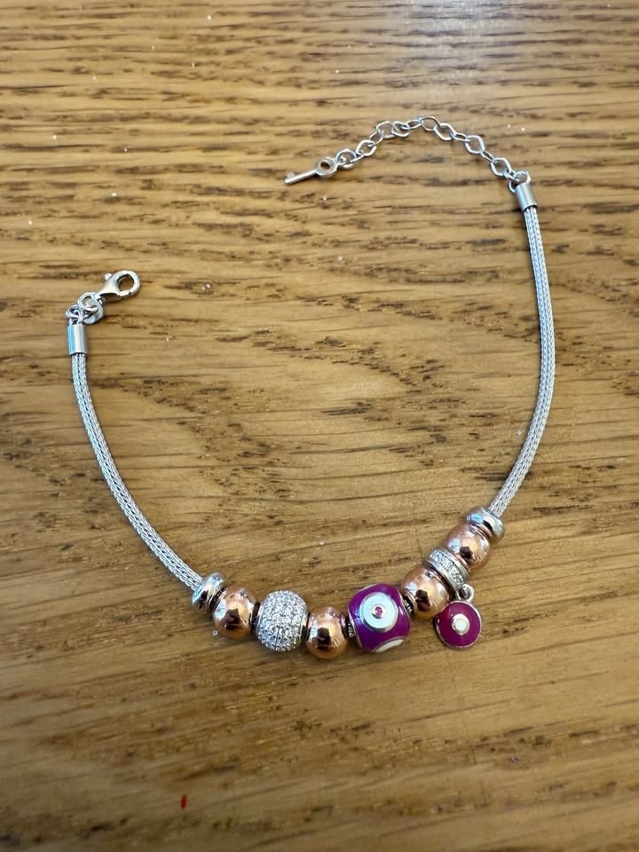 Women’s Charm Bracelet (Silver) with Evil Eye & Pave Beads
