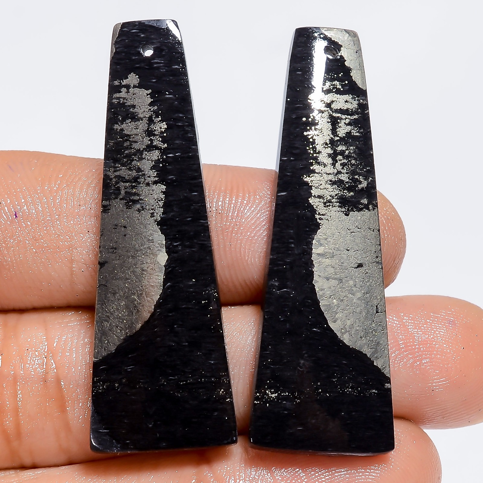 Natural Apache Gold Pyrite Fancy Cabochon Gemstone Pair Drilled 53 Ct 44X14X3 mm