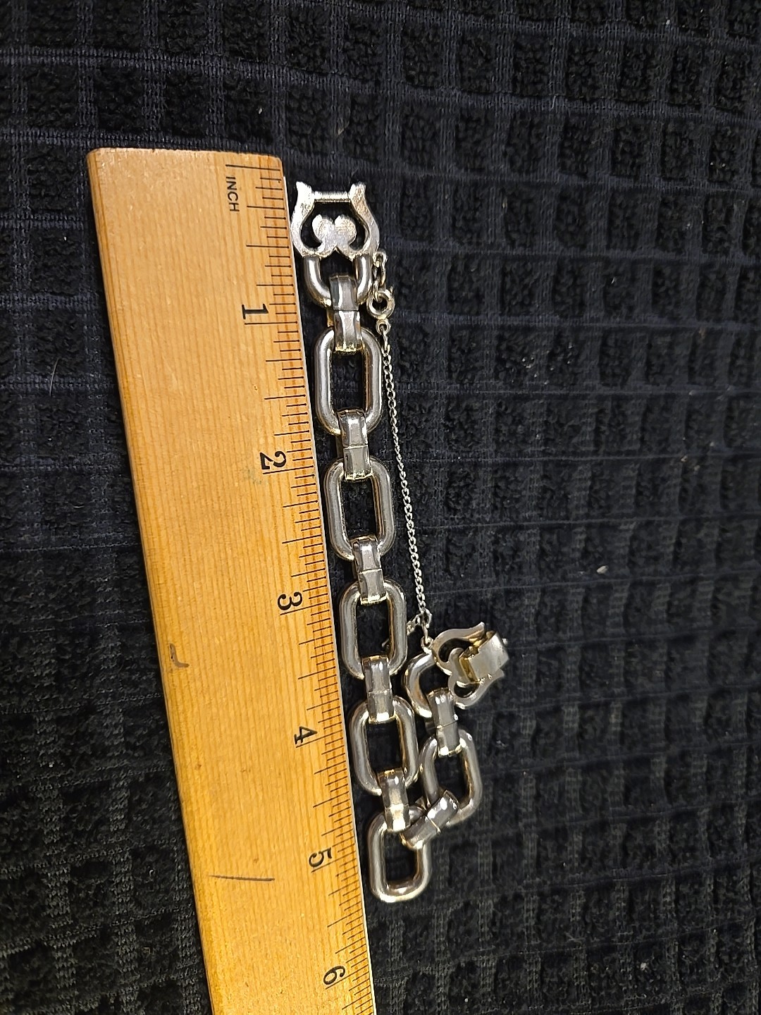 Vintage Monet Silver Tone Link Bracelet Fold Over Clasp Safety Chain 7.5″ Chunky