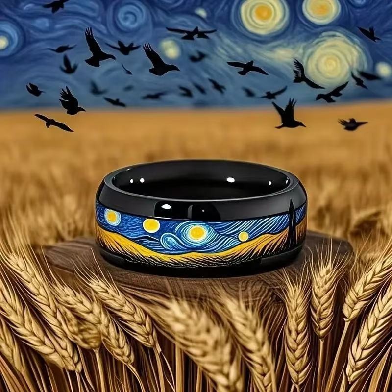 8MM Fashion Men Women Blue Black Starry Night Stars Moon Band Ring