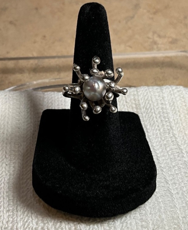 Brutalist Sterling Silver Ring Genuine Pearl Size 5