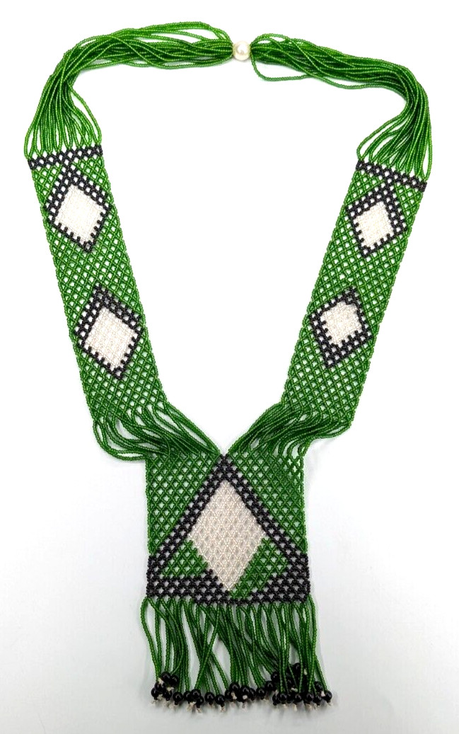 Vtg Green Black White Glass Seed Bead Southwestern Fringe Statement Necklace