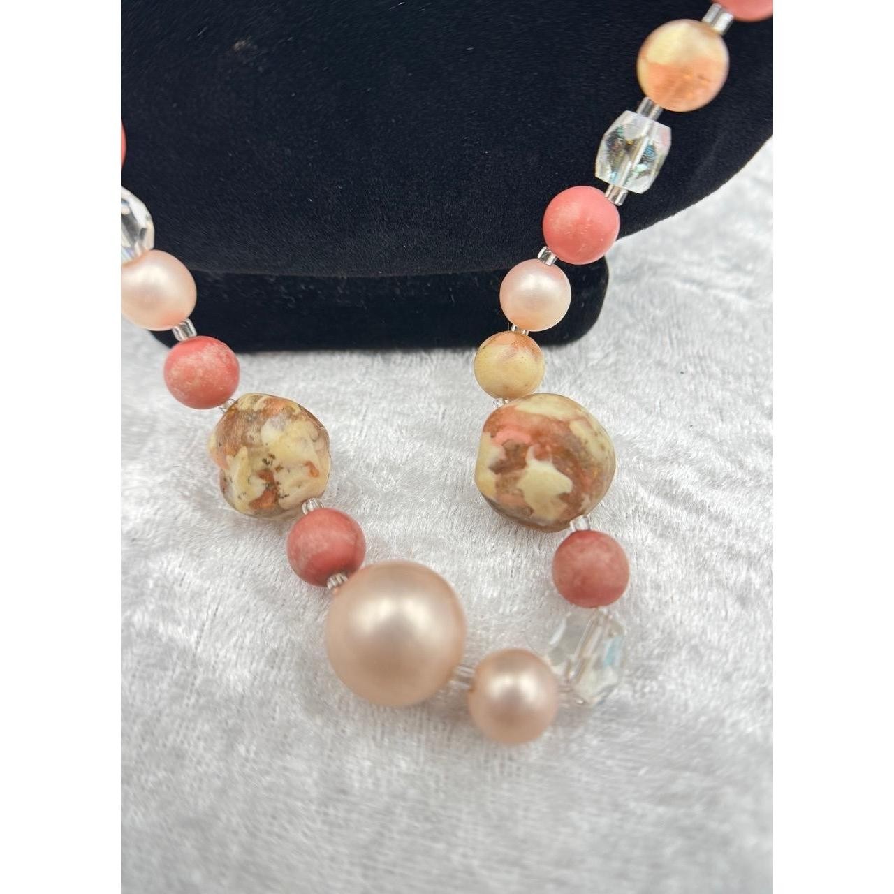 Vintage Bold Pink Mauve Faux Pearl Necklace 24” Beaded Single Strand AB Crystal
