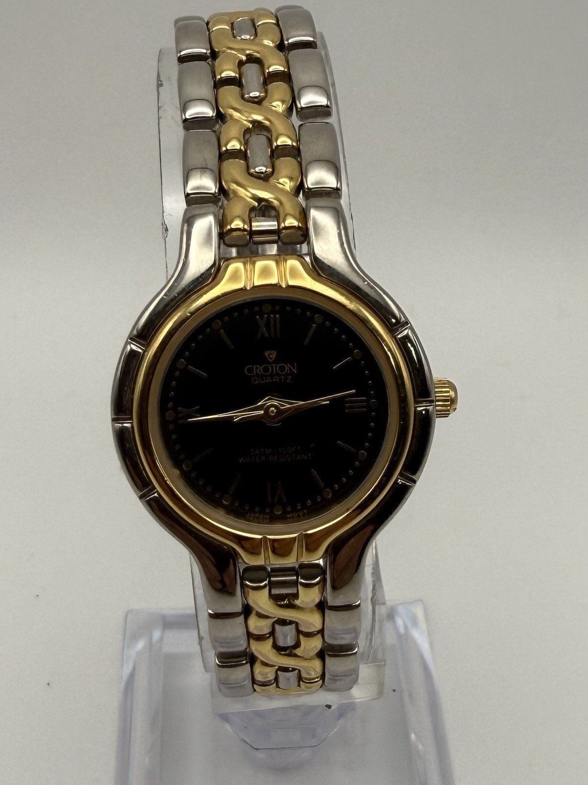 Womens Croton Quartz Vintage Two-Tone SS Bracelet Black Dial Quartz 27mm 30m