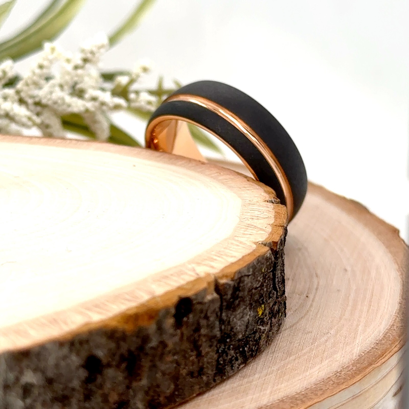 Matt Finish Beveled Edge Christmas Gift Band 8mm Black & Rose Gold Tungsten Ring