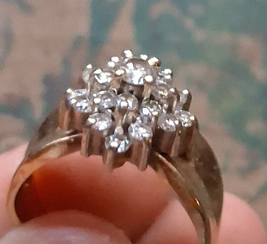 14K Plumb Gold, 1 K Multi-Tier Vintage Feature Ring Co Diamond Cluster Waterfall