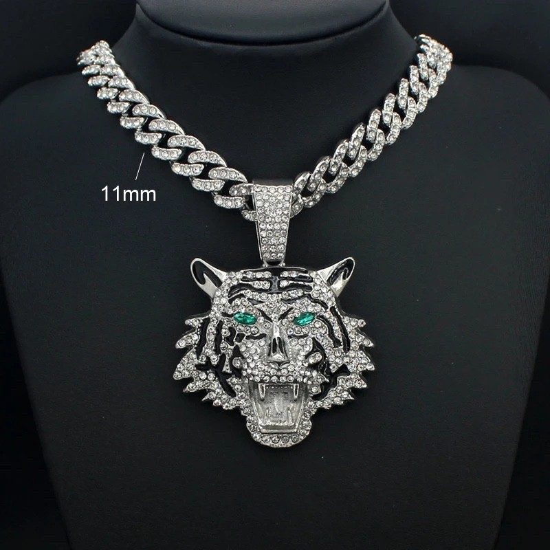Iced Out Tiger Head Pendant Chain Silver Cuban Link Hip Hop Necklace Bling