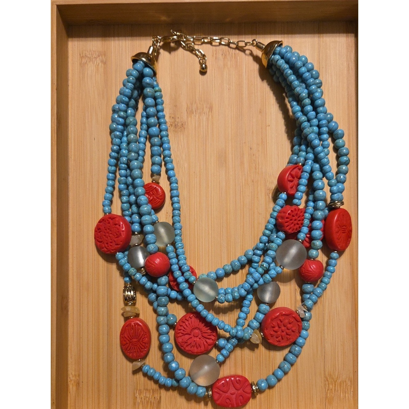 Multi-Strand Turquoise & Red Bead Statement Necklace