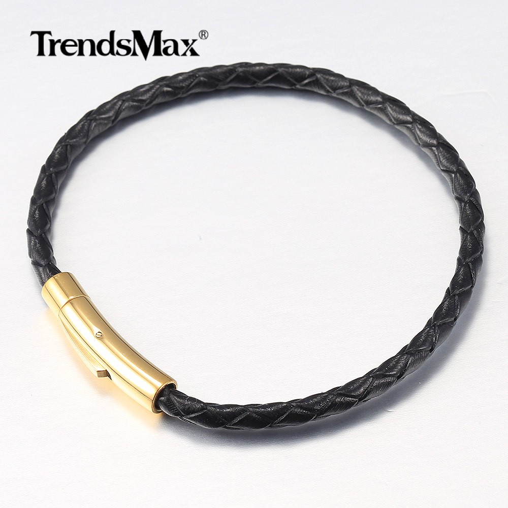 4MM Black Braided Leather Rope Necklace Bracelet Set with Gold Plated Push Lock