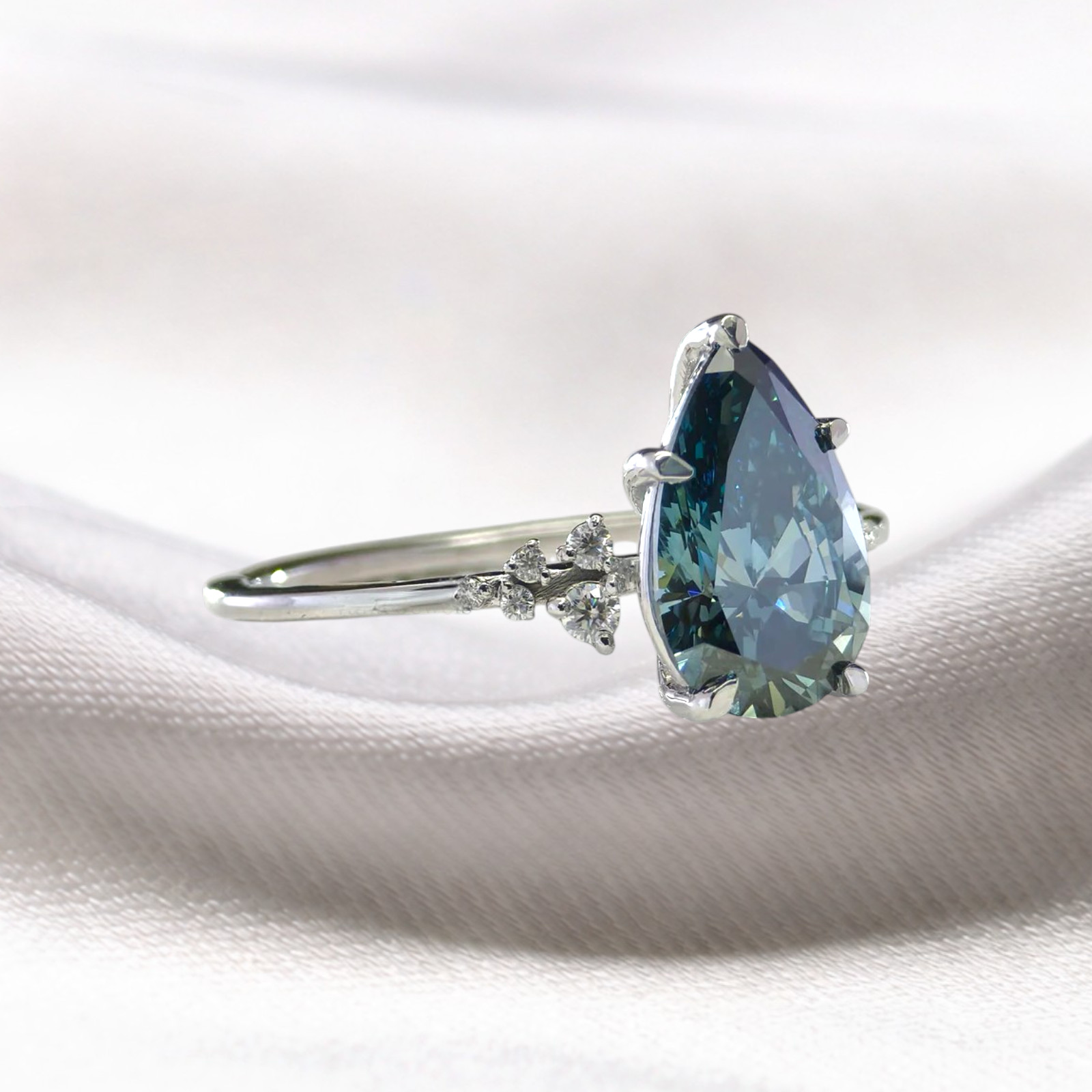 18K White Gold Fancy Intense Blue 2.15 CT Pear Cut Lab Grown Diamond Women Ring