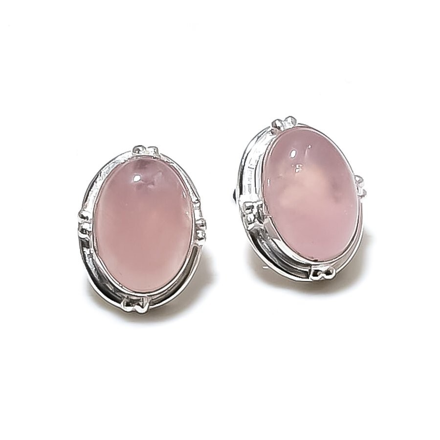 Pink Rose Quartz Gemstone 925 Sterling Silver Jewelry Stud Earring Size 0.75″