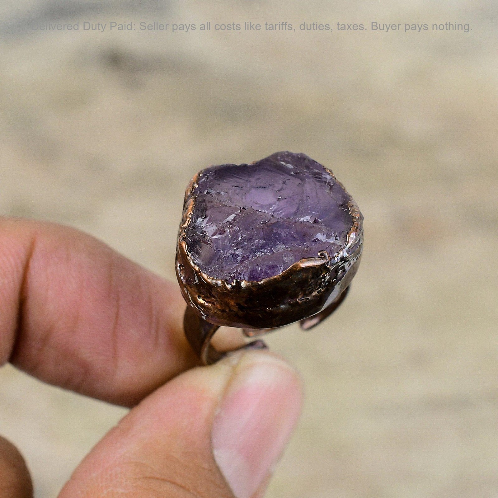 Copper Natural African Amethyst Rough Handcrafted Electroformed Stackable Ring