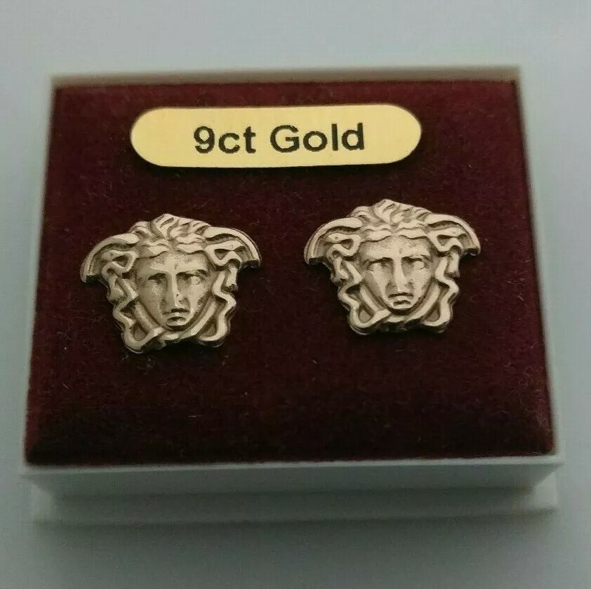 9 carat yellow gold 375, pair of large medusa head stud earrings