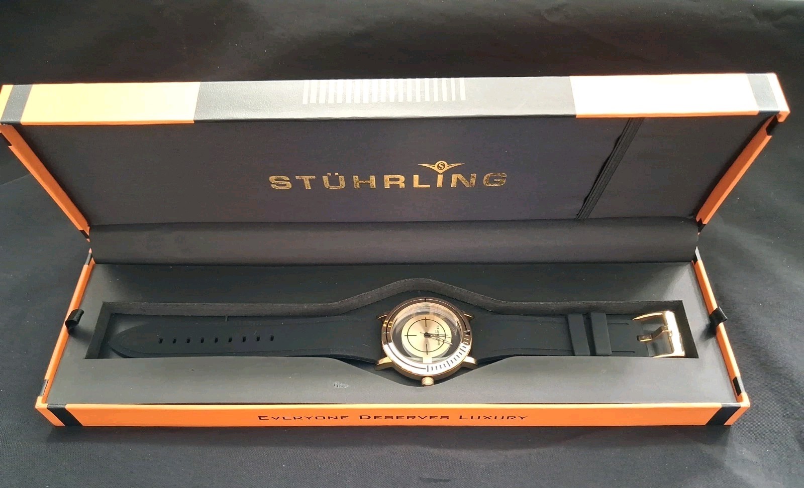 Stuhrling 3915 4 Aviator Quartz Semi Transparent Dial Black Rubber Mens Watch