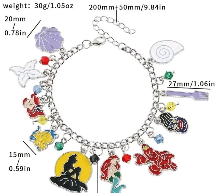 Little Mermaid Charm Bracelet And Necklace Set.Enamel Silvertone All Ages