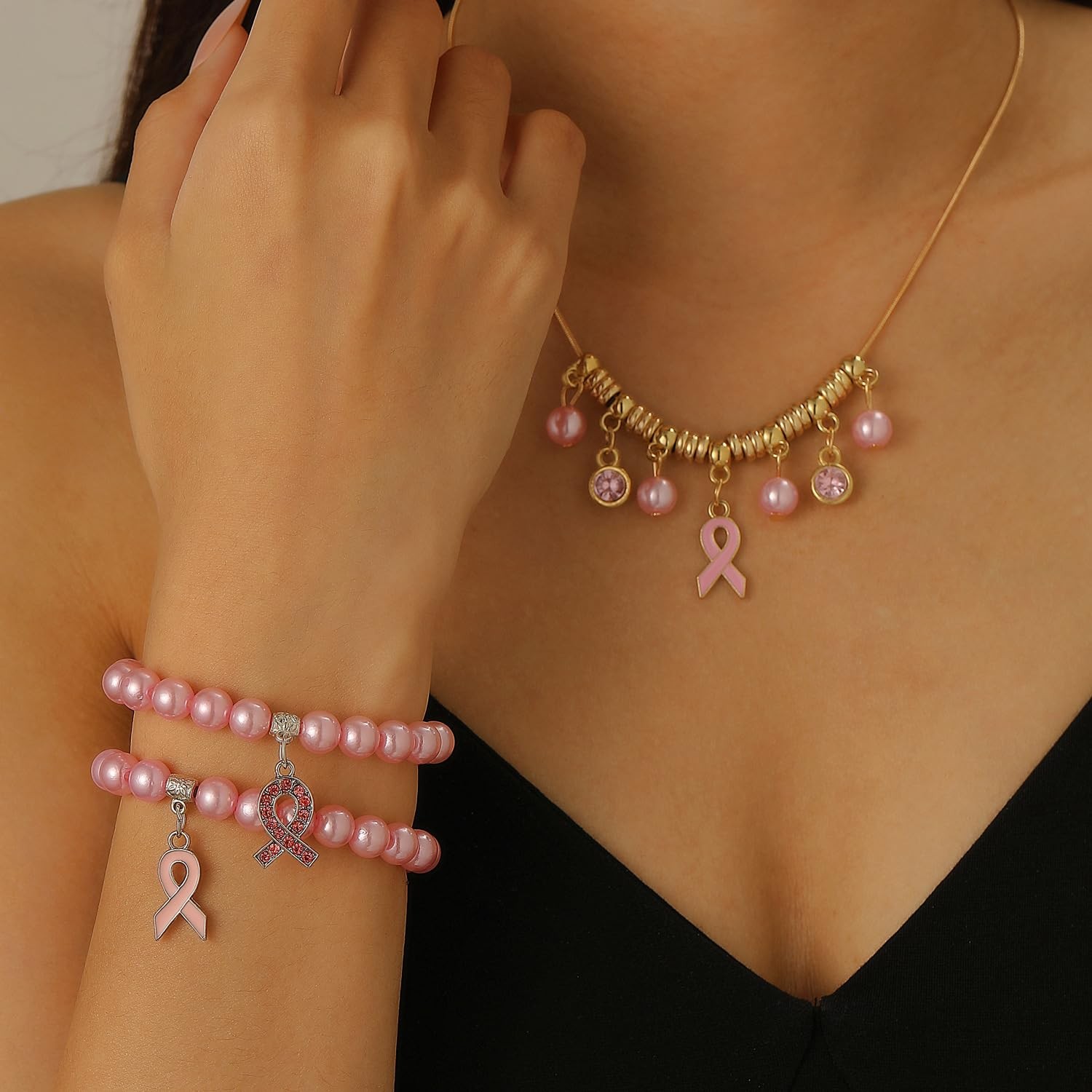 KZL Breast Cancer Awareness Necklace Bracelet Earrings for Women Sparkling Cr…