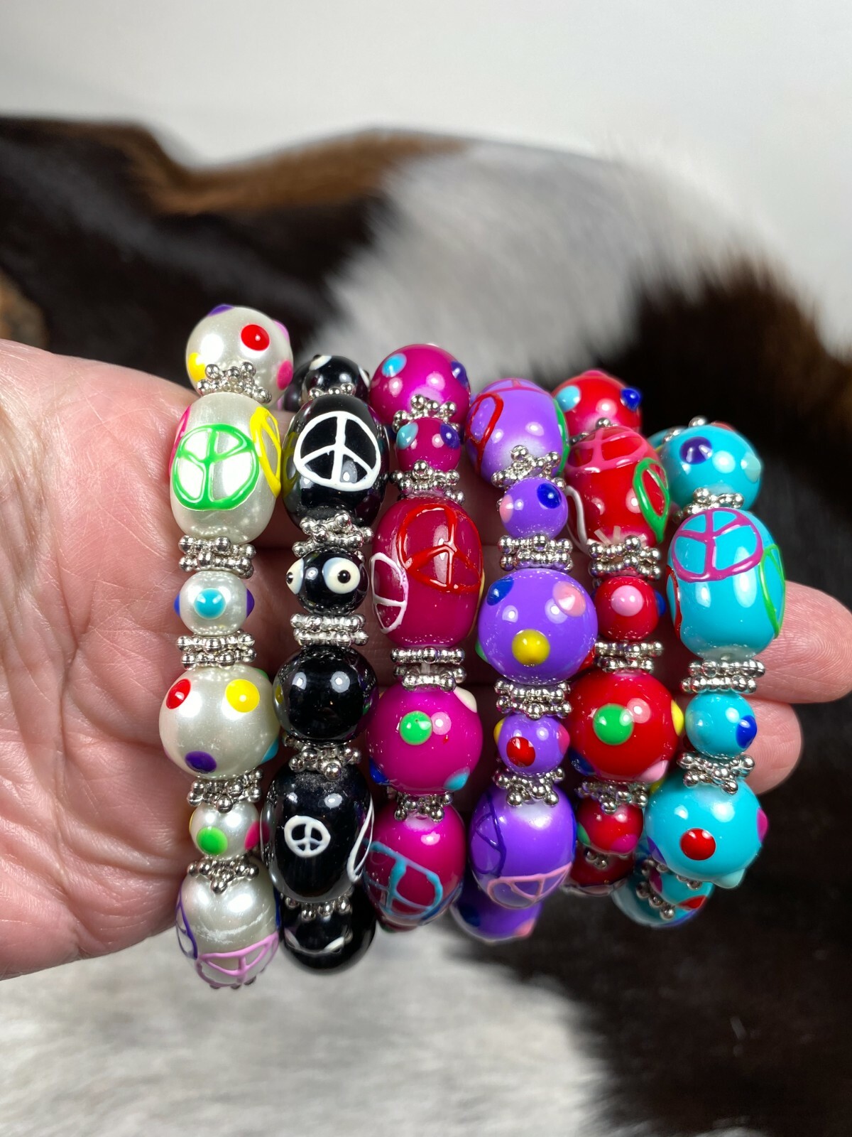 Peace Jewelry Wholesale Lot 6 Glass Beaded Stretch Bracelet Colorful Peace