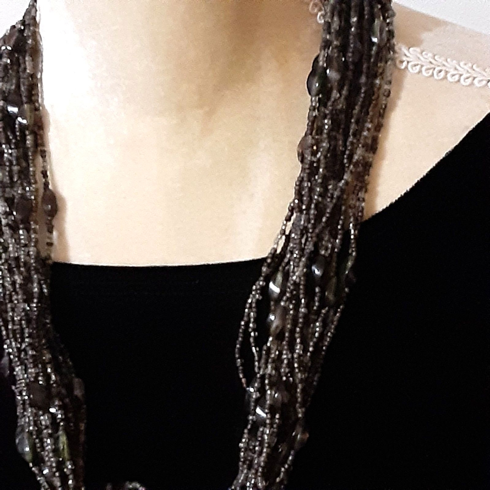 Vintage 1960-70’s all seed beaded wrap necklace scarf grey brown tones 46″