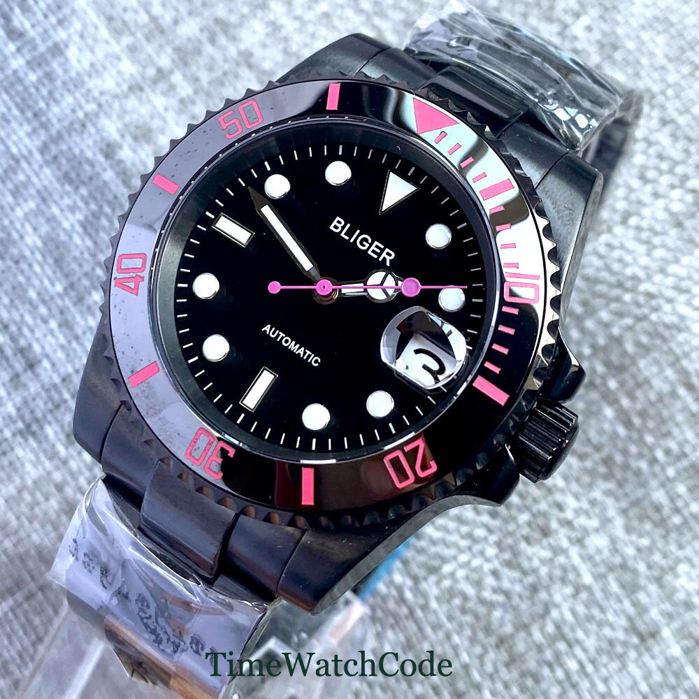 40mm Sapphire Automatic Mechanical Mens Watch NH35 Date Black PVD Steel Bracelet