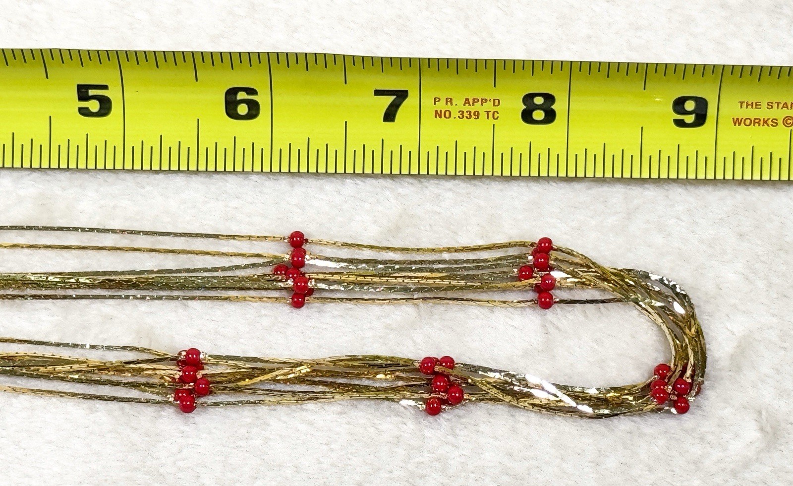 Bold 7 Strand Gold Tone Necklace w Tiny Red Beads. Liquid Gold Style Retro