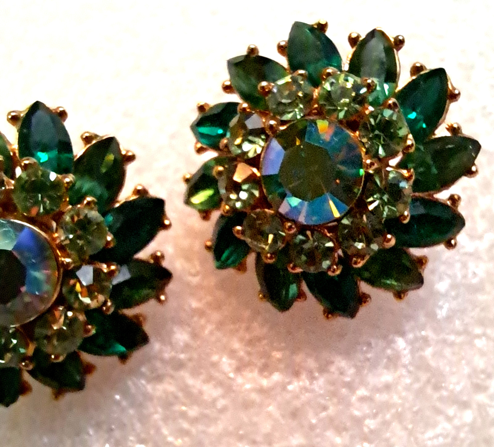 Trifari Rich Green Ira Desert Rhinestone & Aurora Borealis Clip Earrings