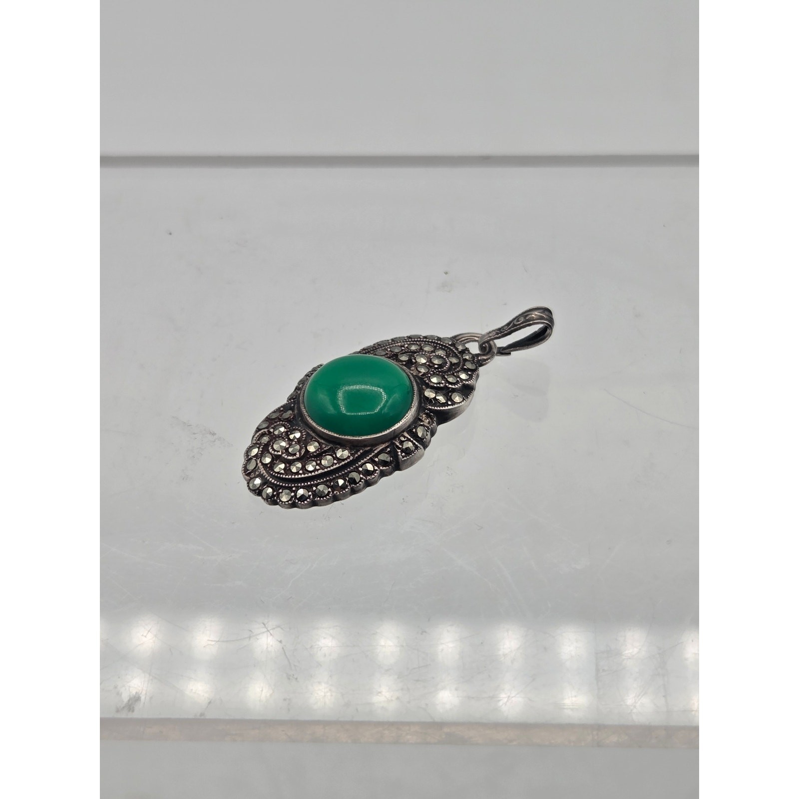 Antique Sterling Silver Marcasite Green Agate Pendant Art Deco 1.25″