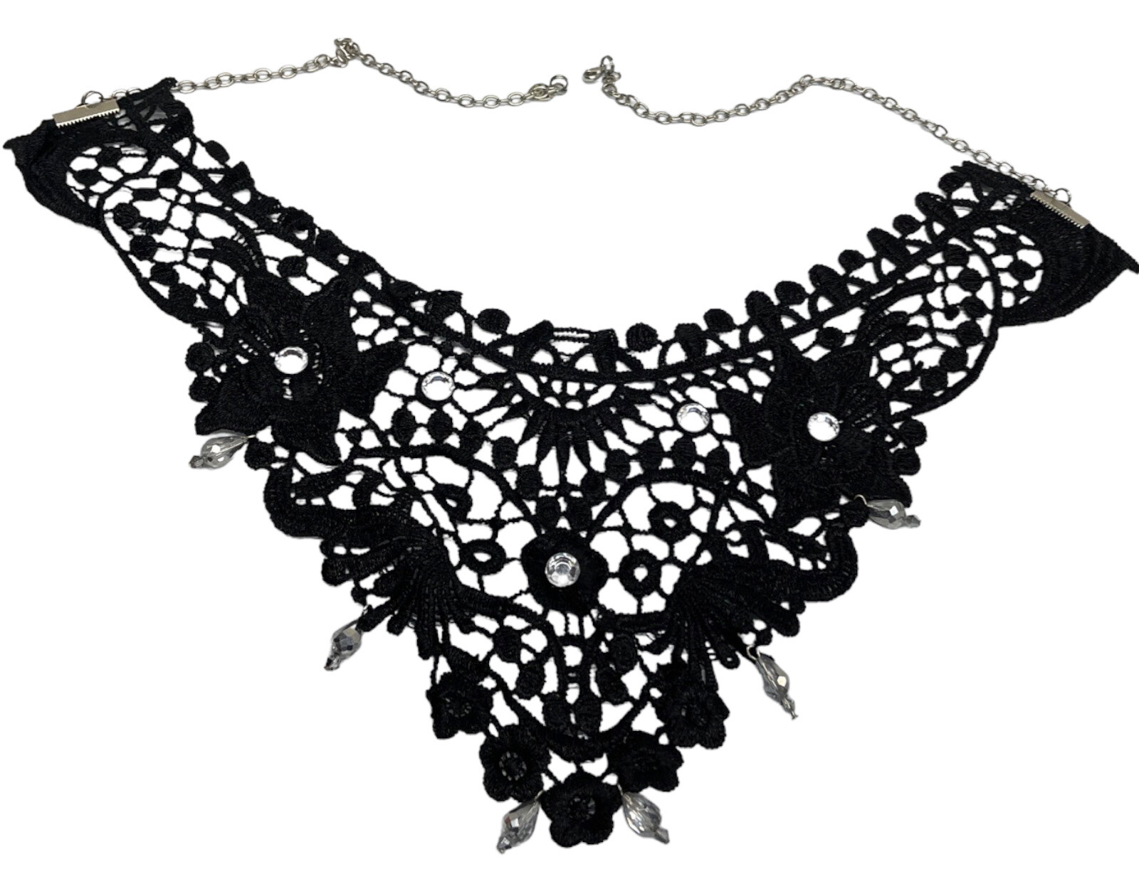Black Floral Pattern Lace Collar Gothic Applique Faceted crystals Lobster Clasp