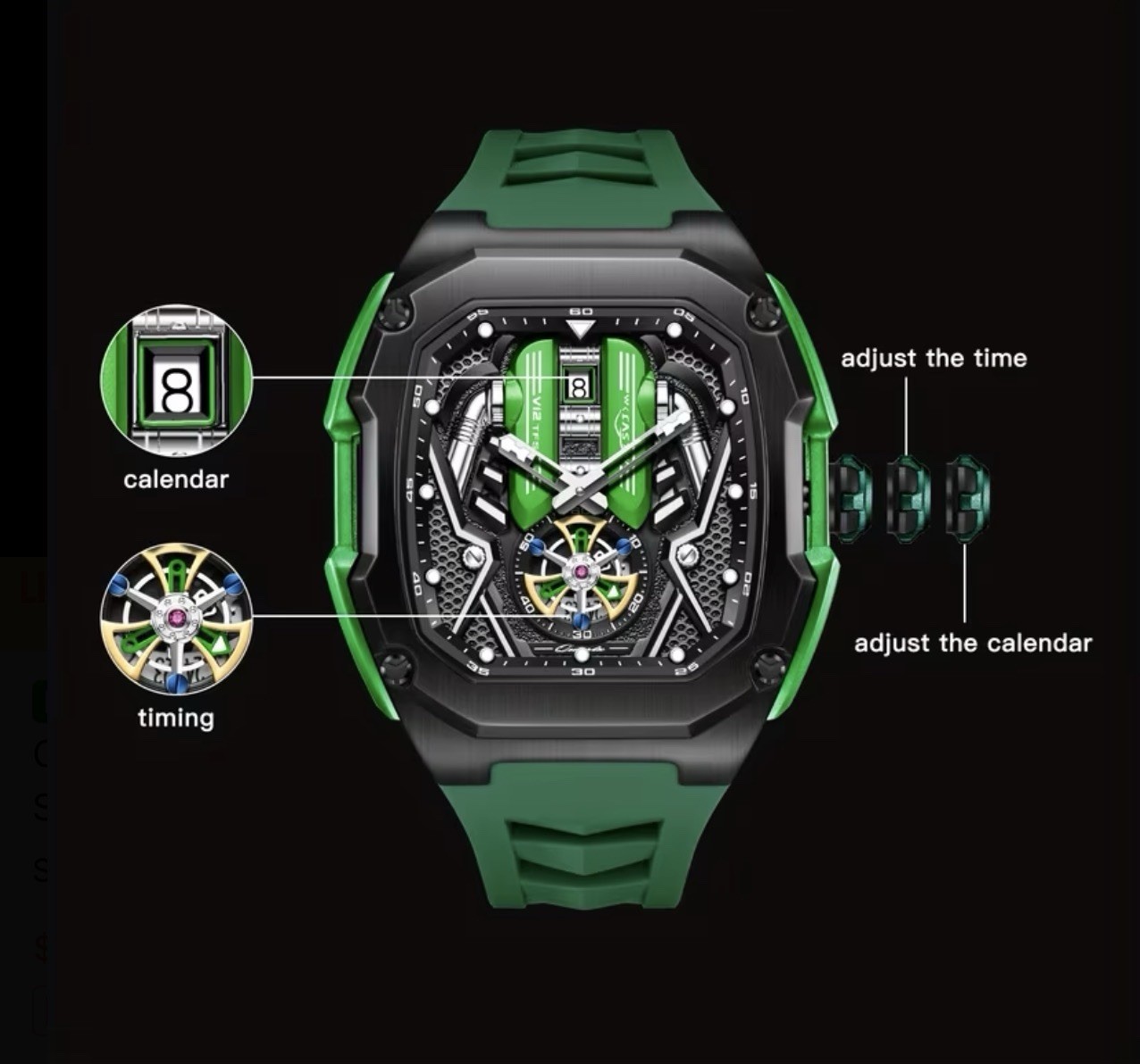 Tonneau Skeleton Dial Analog Sport Watch Date 48.3mm Black Case Silicone Strap