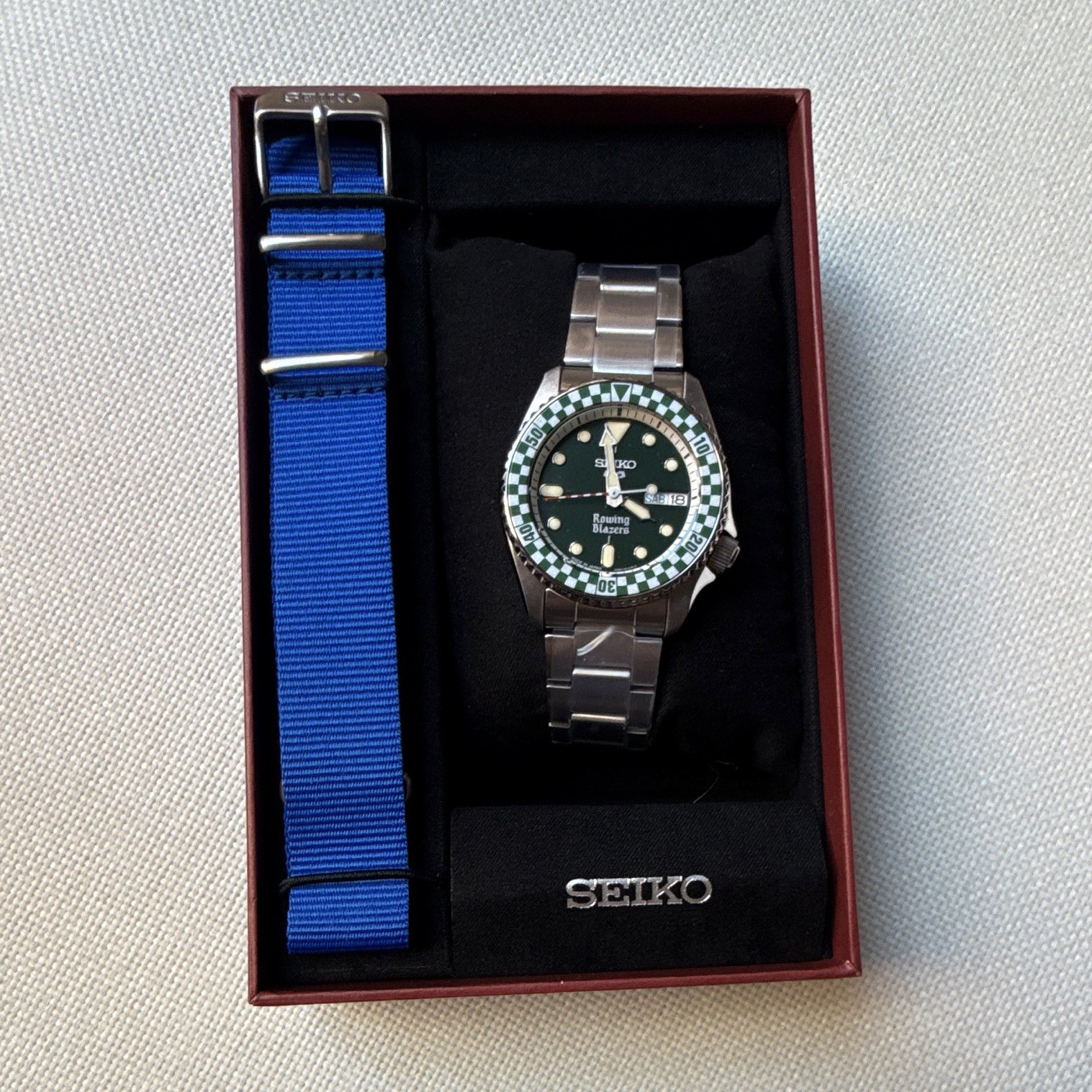 Seiko 5 Sports x Rowing Blazers Auto Green Dial Box/Manual + Blue NATO