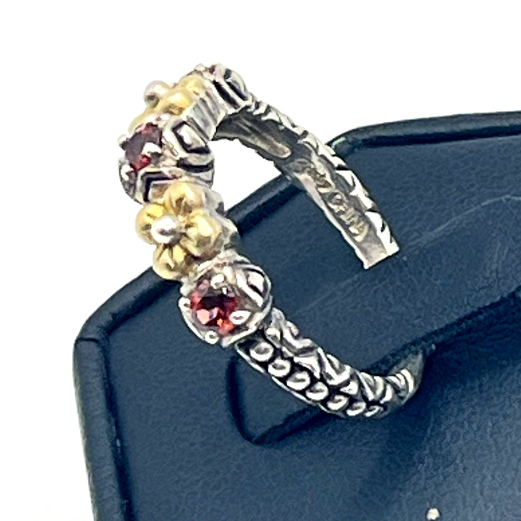 Barbara Bixby Band Ring Sz 8 Garnet and 18k Lotus Flower Accents Sterling 925