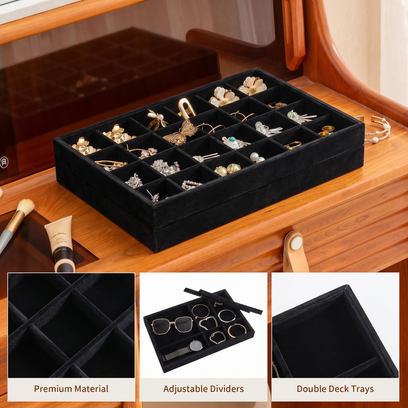 Frebeauty Jewelry Trays for Drawer,Set of 2 Organizer Set 2, Black