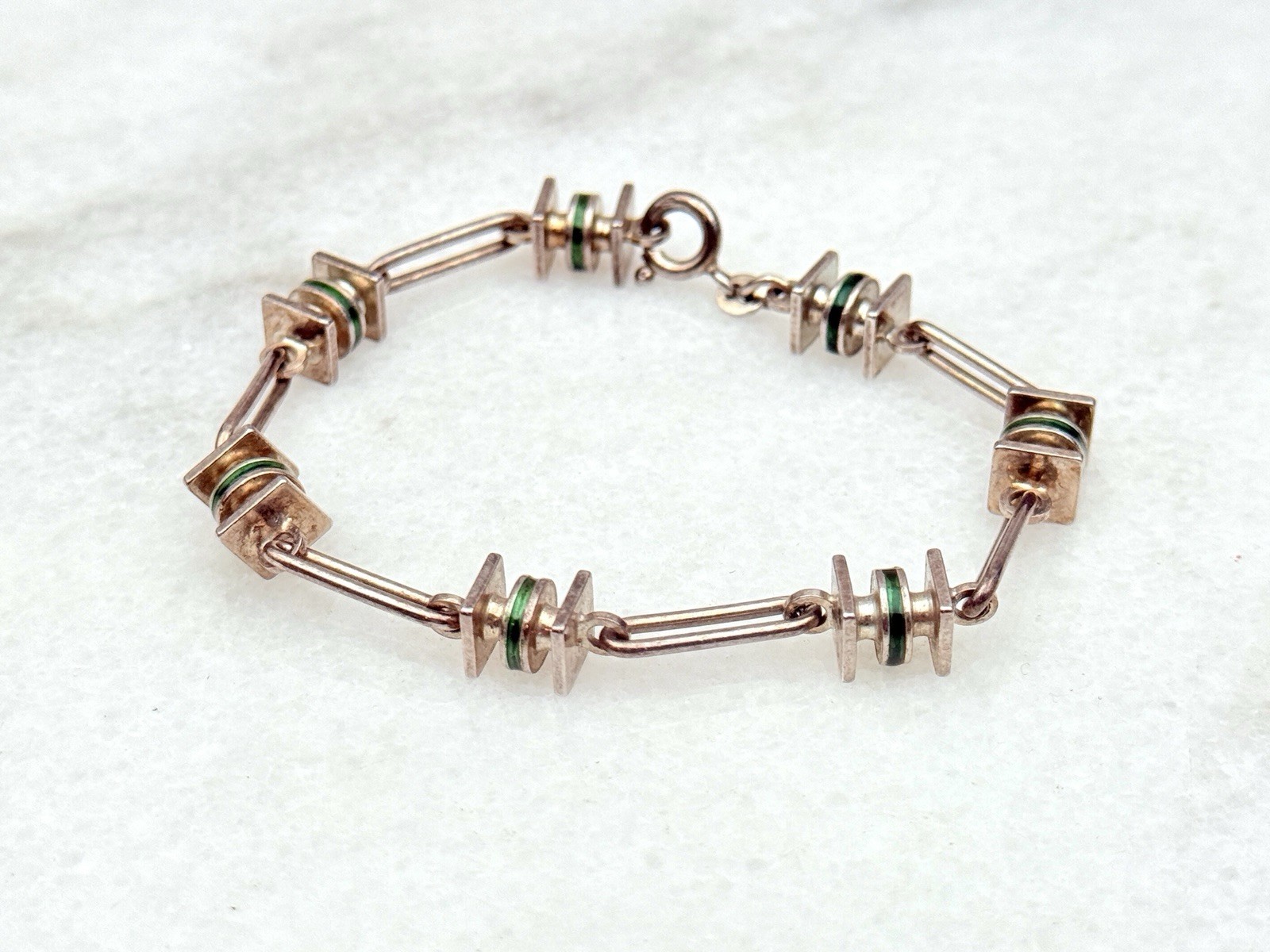 Vintage 70’s Unoaerre Italian vintage modernist sterling silver green enamel